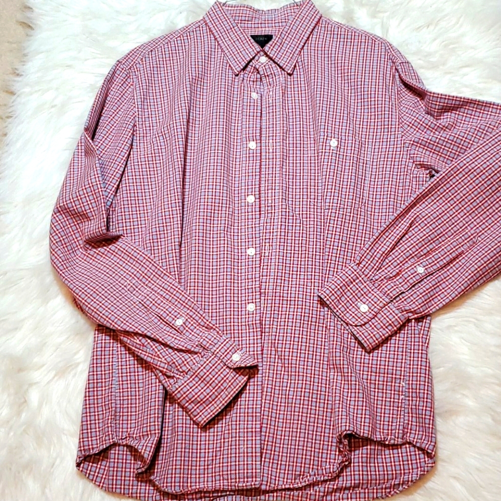 J. Crew red gray and white button down shirt L